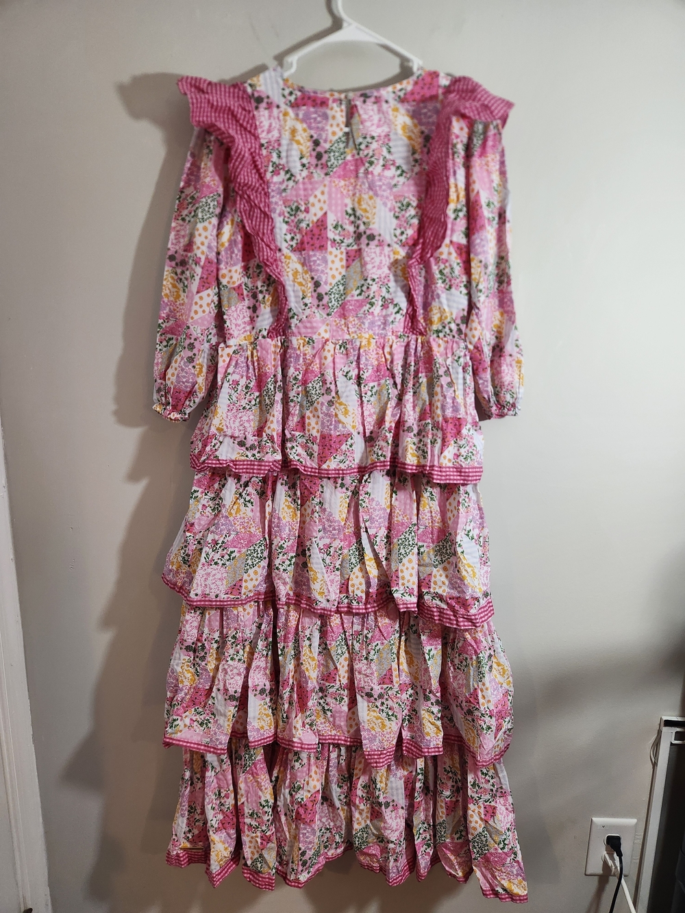 Simply Southern Patchwork Maxi Dress Cottagecore Long Sleeve Pink  Tiered Ruffle - Picture 6 of 8